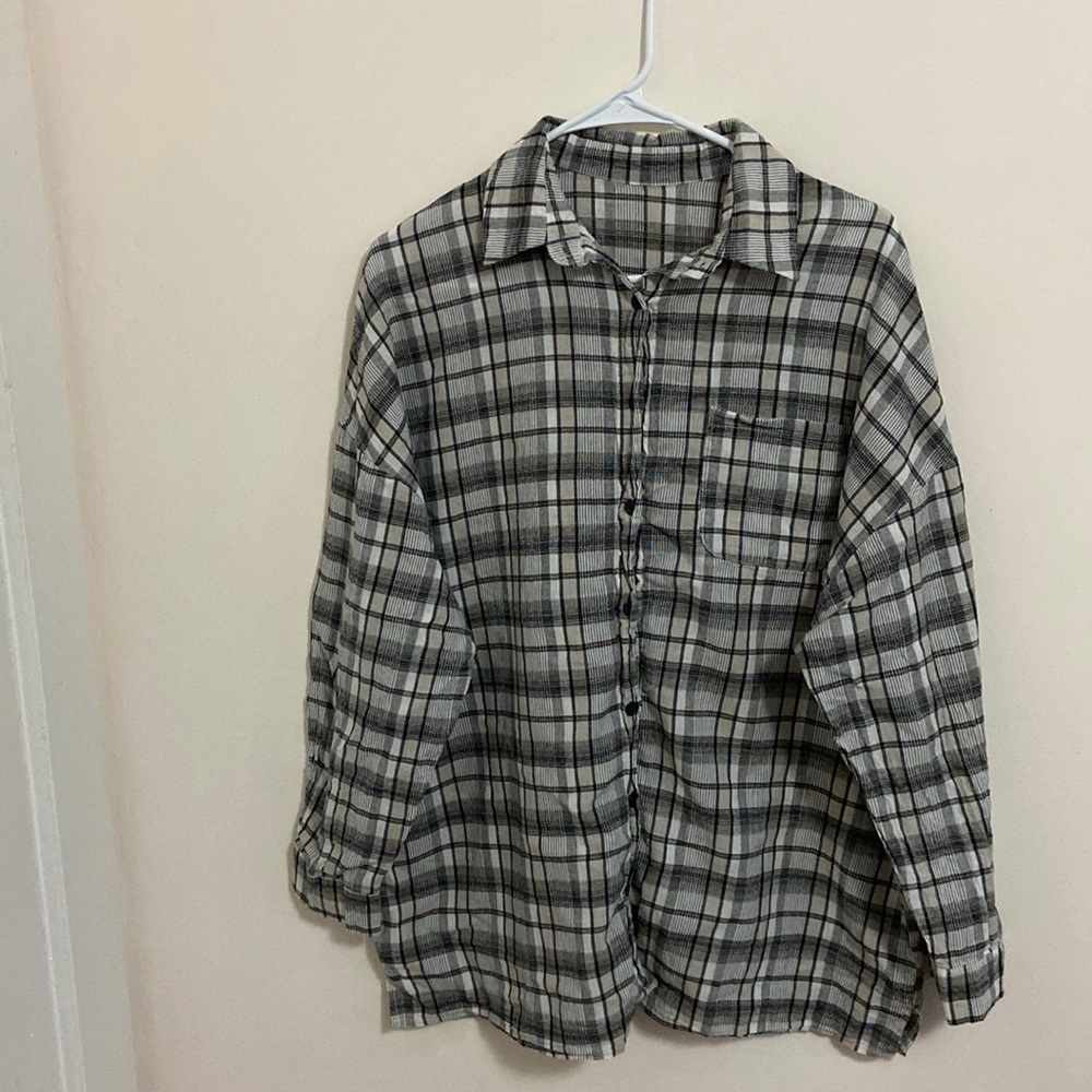 Grey, white, black plaid flannel. Shein. Size large.